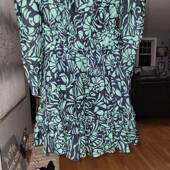 Tanya Taylor Telissa Ruffle Dress Green Navy Print Silk Dress Size 2 - Picture 6 of 16